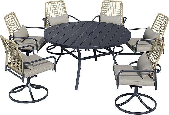Outdoor Patio Rattan Swivel Chairs and 58" Round Table Set with Cushions - 7 Pieces
