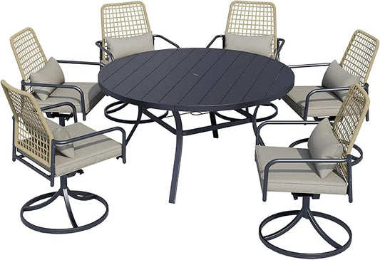 Outdoor Patio Rattan Swivel Chairs and 58" Round Table Set with Cushions - 7 Pieces