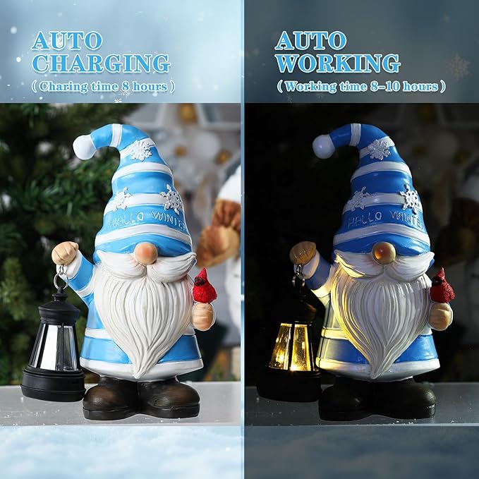 Tuanse 8" Hello Winter Christmas Gnome Decorations for Outdoor Resin Garden Gnome Holding Lantern with Solar Lights and Cardinals Snowflakes Figurine for Porch Christmas Outdoor Patio House Decoration
