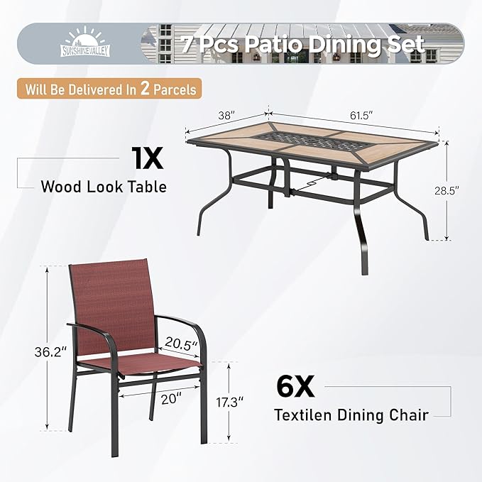 7 Pcs Patio Dining Set for 6, Rectangular Metal Dining Table (PVC Table Top) with Umbrella Hole and 6 Chairs, Outdoor Dining Set for Lawn Garden Deck, Red