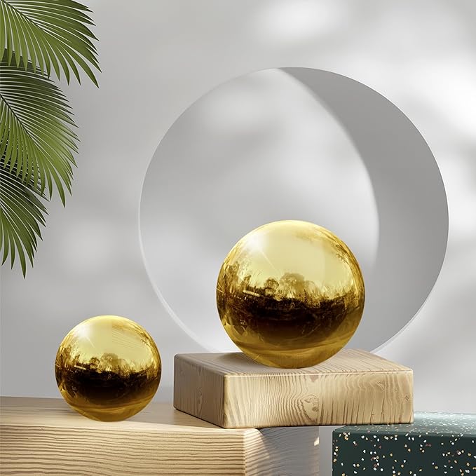 uxcell 2 Pcs Gazing Globe Decor Ball 3.5 Inch 90mm Reflective Garden Sphere Hollow Ball, Seamless Stainless Steel Gazing Ball, Smooth Mirror Globe for Garden Home Decor, Gold Tone
