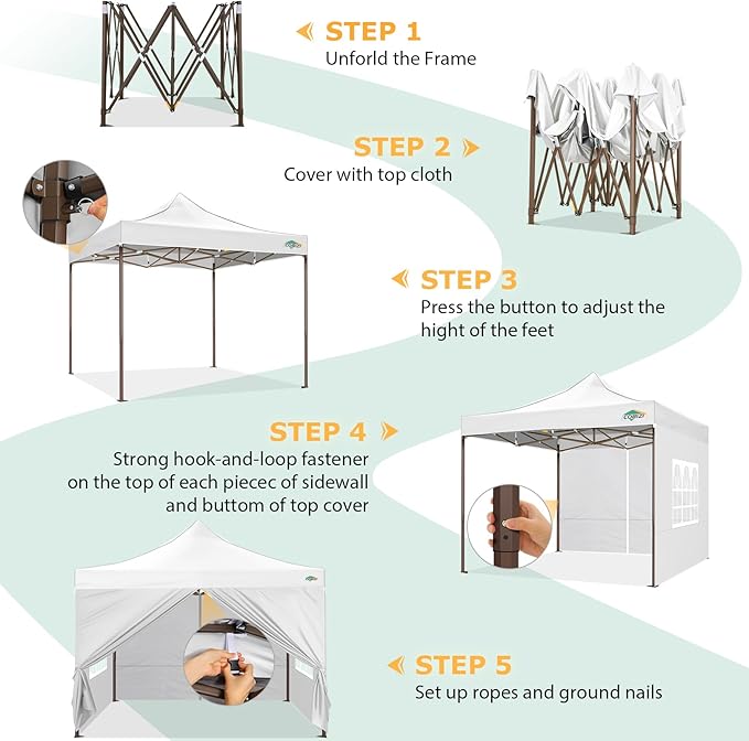 COBIZI 10x10 Pop Up Heavy Duty Canopy with 4 Sidewalls and Hexagonal Legs, Easy up Tent for Events, Parties, Camping, Outdoor Canopy with Portable Bag, Waterproof & UPF50+ (White)