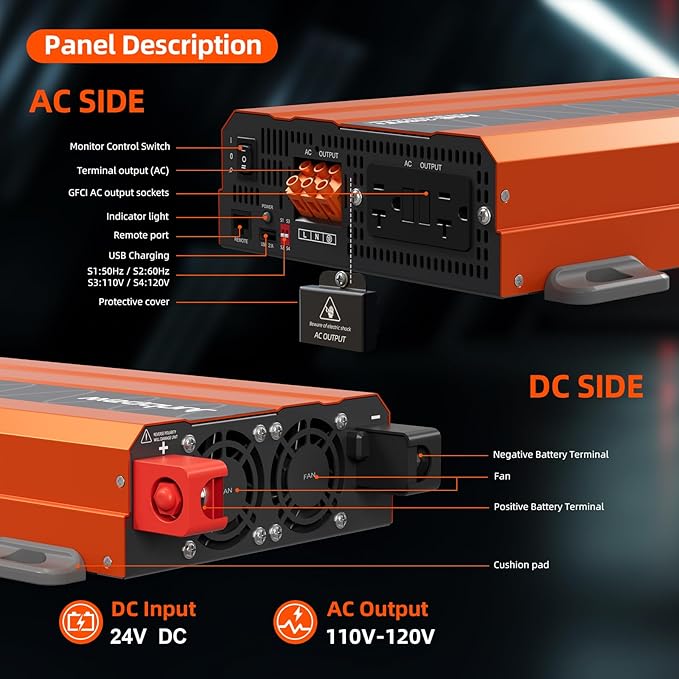 2080W Pure Sine Wave Inverter 24V to 110V Ultra Quiet, Game-Changing Design | 24V to 120 Converter for Home, RV, Camping, Off-Grid & Outdoor Adventures丨DC to AC (LGE-24-2080TI)