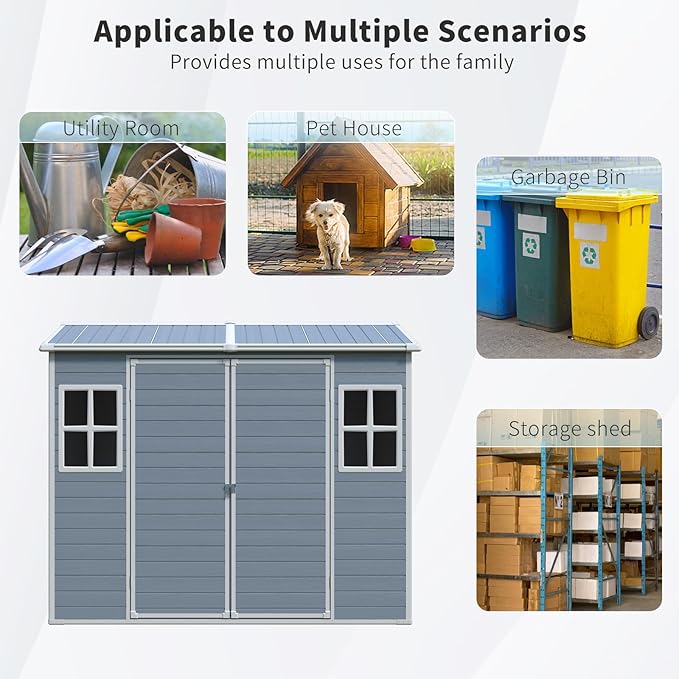 8x4ft Outdoor Storage Shed with Two-Window and Lockable Door, Resin Plastic Shed with Floor for Gargen, Patio, Yard, Lawn, Light Grey