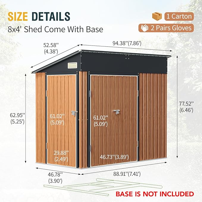 8x4 Ft Outdoor Storage Shed, Metal Garden Shed with Triple Lockable Doors & Vent, Multi-Used Shed for Backyard, Patio, Lawn and Tool & Bicycle Storage