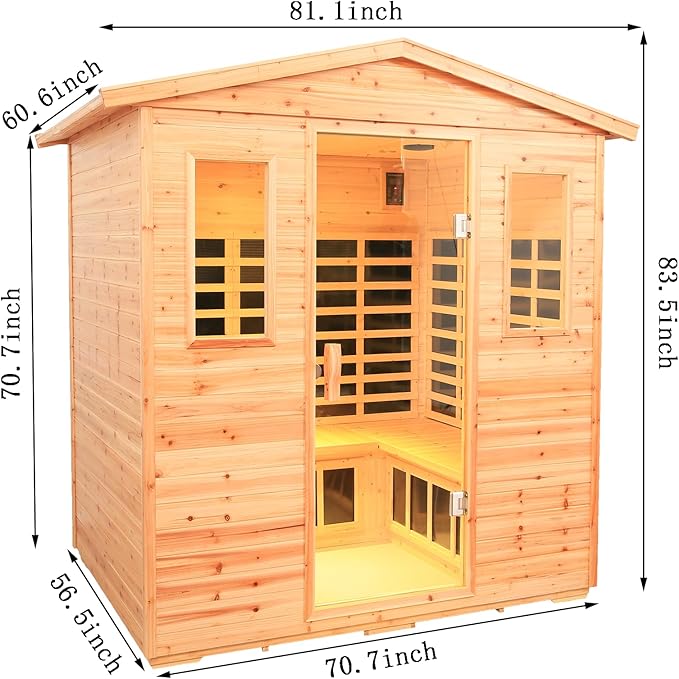 Fir Wood 5-6 Person Low emf Far Infrared Outdoor Sauna, Indoor/Outdoor Wooden Sauna, Withstand Temp -5℉-104℉ with 18 Low EMF Heating Panels & Reading Lights & Chromotherapy Lights & Bluetooth Speaker