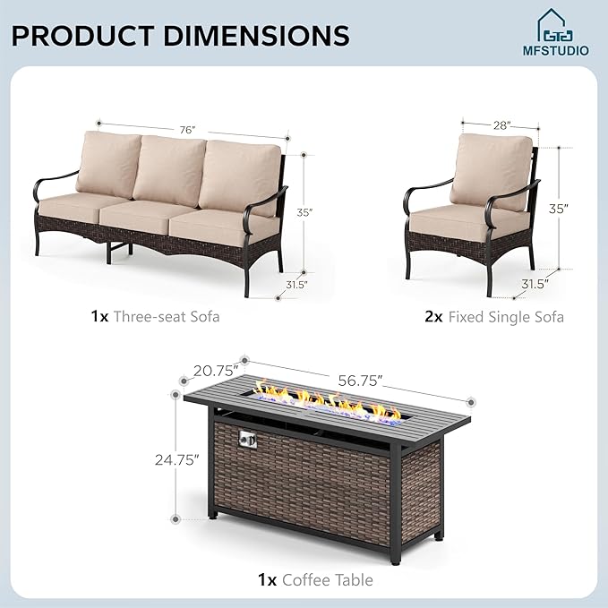 MFSTUDIO 4 Pieces Outdoor Patio Furniture Set, Metal Outdoor Conversation Set, Rattan Wicker Patio Sectional Set with 2 x Fixed Single Sofa, 3-Seat Sofa, 1 x Fire Pit Table, Beige
