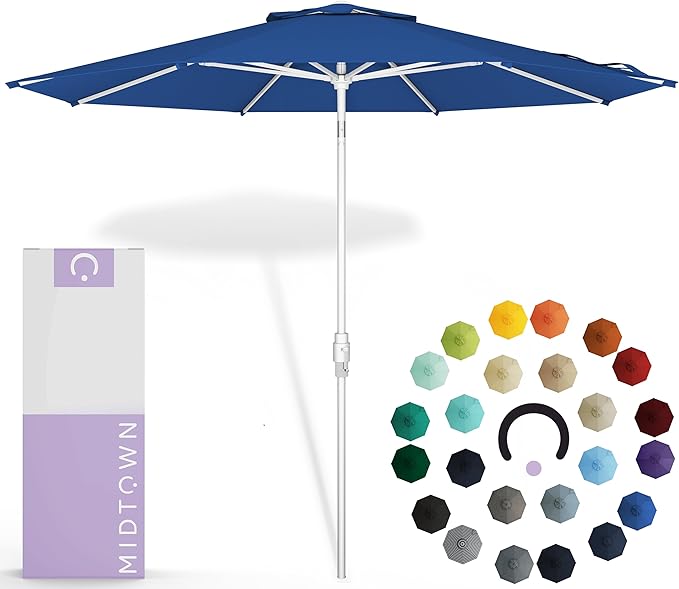 Midtown Umbrellas The Swilt 8 Feet Patio Umbrella in Sunbrella Dark Blue Acrylic Fabric - Fiberglass Ribs, Auto-Tilt Aluminum Frame For Backyard, Deck, Garden, Pool - White Pole