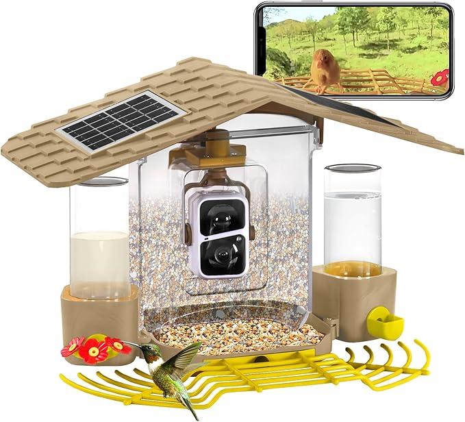 Aivituvin Bird Feeder Camera with AI Identification, Solar Powered, Wireless Hummingbird Feeder with Food, Water, Honey, Present for Bird Lovers