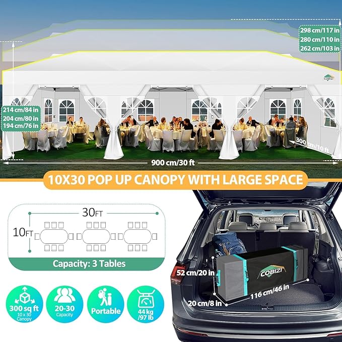 COBIZI 10x30 Pop Up Canopy with Sidewalls 10x30 Party Tent Outdoor Wedding Event Canopies for Parties UPF 50+ Windproof Waterproof Gazebo with Air Vent, Wheeled Bag, Sandbag, Stake, Rope, White