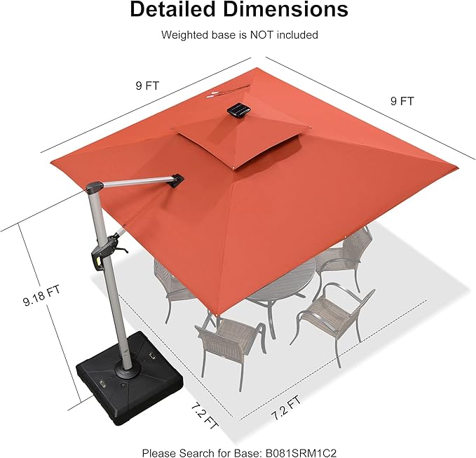 PURPLE LEAF 9 Feet Double Top Deluxe Solar Powered LED Square Patio Umbrella Offset Hanging Umbrella Outdoor Market Umbrella Garden Umbrella, Brick Red