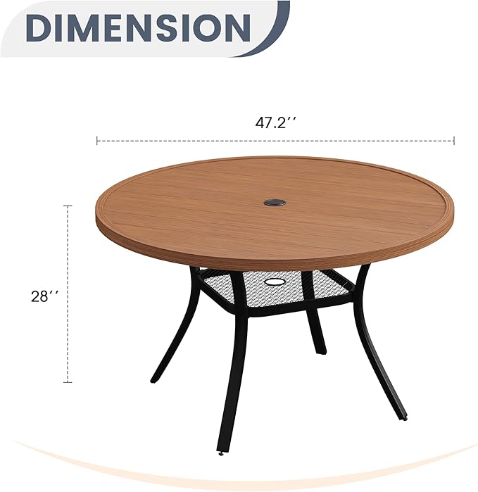 VICLLAX Round Patio Dining Table, 4-6 Person Metal Outdoor Dining Table with Umbrella Hole for Garden Lawn Deck, 47.2" Walnut