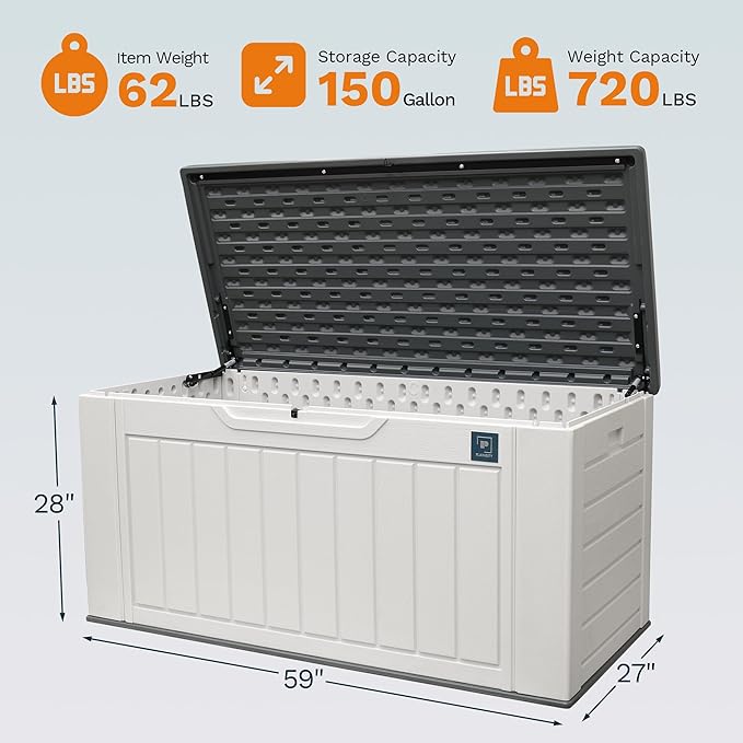 230 Gallon Large Outdoor Storage Box, Durable Deck Boxes Outdoor Waterproof, Resin Waterproof Deck Box for Patio Furniture Outdoor Cushions Garden Tools and Pool Storage (White, 150Gallon)