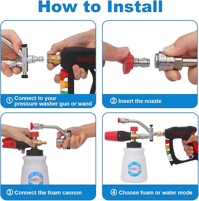 DUSICHIN Short Wand Pressure Washer Gun Foam Cannon 1/4" Quick Connector Pressure Washer Accessory,Car Wash Foam Gun Dual Ended Shift Connector 5 Pressure Washer Nozzles M22-14, M22-15 Brass Fittings