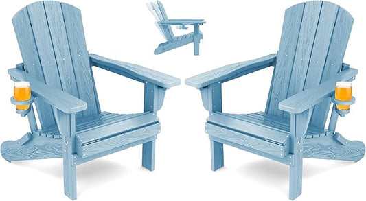SERWALL Folding Adirondack Chair Set of 2, Adjustable Adirondack Chair with 3 Recline Positions, All Weather HDPE Outdoor Adirondack with Cup Holders, Light Blue