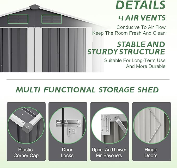 6x4 FT Shed Outdoor Storage Metal Large Garden Tool Sheds with Lockable Doors Slooping Roof Floor Frame Waterproof Steel Utility Equipment Shed for Backyard Patio Lawn Poolside, Grey