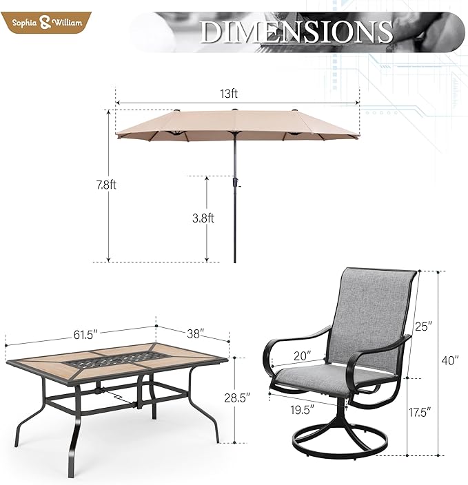 Sophia & William Patio Set with Umbrella Patio Dining Set for 6 with 13ft Rectangle Patio Umbrella Beige, 6 x Patio Chairs Grey, 1 Wood Like Outdoor Dining Table with Umbrella Hole for Lawn Garden