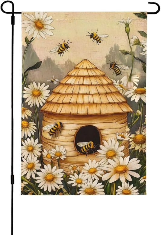 Bee Flower Garden Flag Vertical Double Sided Outdoor Yard Flags 12.5x18 Inch Burlap Banners for House Lawn