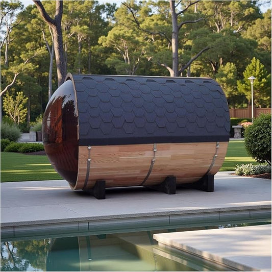 Outdoor Barrel Steam Sauna with Panoramic View, Canadian Red Cedar Wood Sauna for 4-6 Person, 6KW Heater, Rocks, 8mm Tempered Glass, Waterproof System