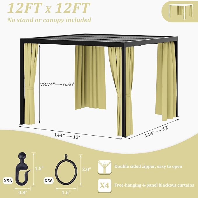 Gazebo Universal Replacement Privacy Curtain,12'×12' Gazebo Outdoor Waterproof Curtains, 4-Panels Sidewall Curtains with Double Zipper for Patio Canopy, Garden and Backyard (Curtain Only)