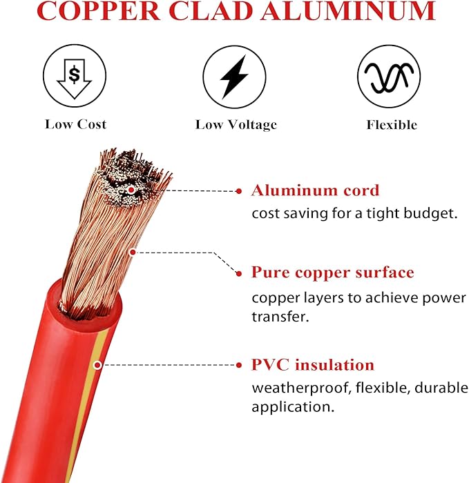 2 Gauge Battery Welding Cable (Red, 5 Feet) - Copper Clad Aluminum Power Wire with SC Cable Lug Ends in M8 & M10 Lugs for Car, Camper, RV, Solar Low Voltage Wiring