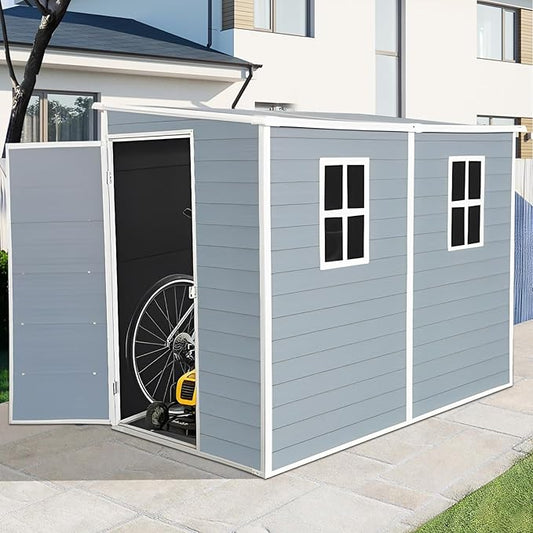4x8 FT Resin Storage Sheds Outdoor with Floor, 2 Windows & Lockable Door Storage Shed - Waterproof Garden Tool Shed, Patio & Backyard Tool Storage Cabinet Use - Grey