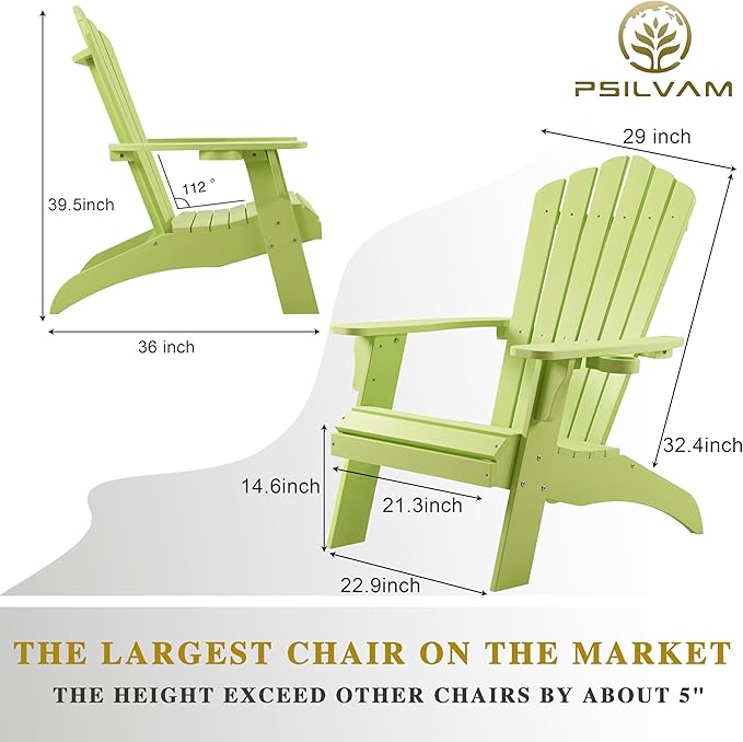 Psilvam Adirondack Chair, Oversized Poly Lumber Fire Pit Chair with Cup Holder, 350Lbs Support Patio Chairs for Garden, Weather Resistant Adirondack Chair Looks Like Real Wood (4, Green)