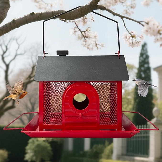 Bird Feeder House for Outdoors – Red Metal Hanging Bird Feeder, Decorative Bird House Feeder for Cardinals, Finches, and Wild Birds, Weatherproof Backyard Garden Decor