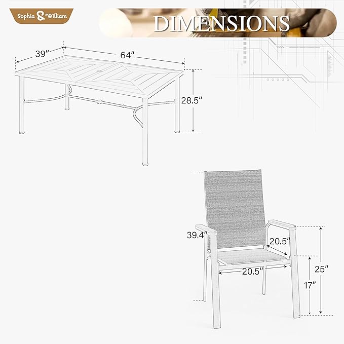 Sophia & William Outdoor Dining Set 7 Pieces, 6 x Aluminum Patio Dining Chairs and Large 64" Metal Dining Table, Space-Saving and Lightweight for Patio Lawn Garden (Grey)