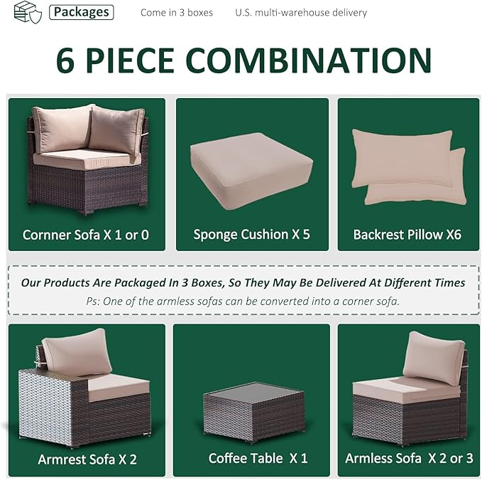 Outdoor Patio Furniture Set, 6 Pieces Outdoor Furniture All Weather Patio Sectional Sofa PE Wicker Modular Conversation Sets with Coffee Table,5 Chairs & Seat Clips Brown