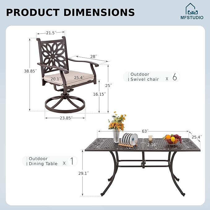 MFSTUDIO 7 Pieces Cast Aluminum Patio Dining Set, Retro Design Outdoor Table and Chairs Set with 6×Swivel & Rock Chair and 1×63" Rectangular Outdoor Dining Table