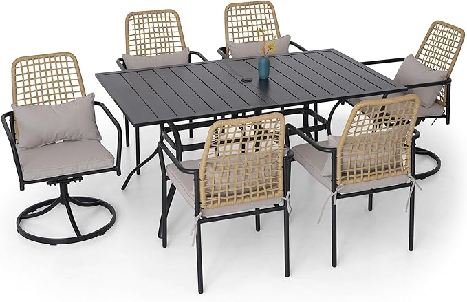 Rattan Patio Chairs, Rectangle Table Set of 6 with 63"x38" Table,Swivel and Dining Chairs, All-Weather for Outdoor, Balcony, Backyard, Deck