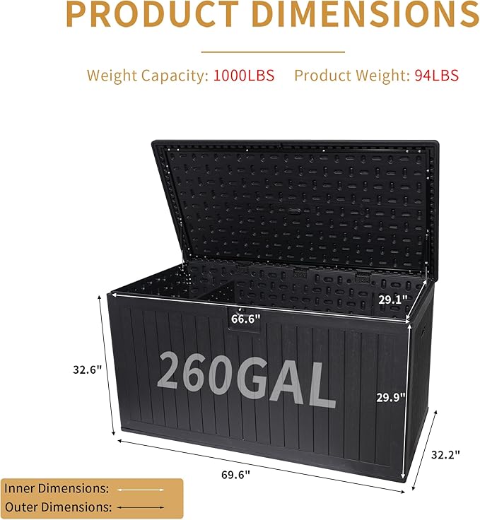 LANTRO JS 320 Gallon Deck Box Waterproof, Resin Outdoor Storage Box Extra Large Lockable with Divider and Lifter Prevent Water Seeping into from Floor for Patio Cushions