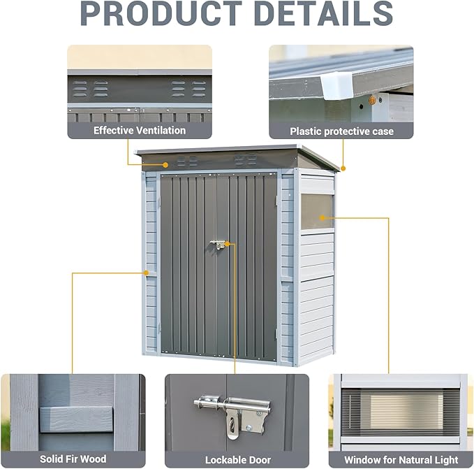 Galvanized Steel Frame & Solid Cedar Wood Wall Shed | 3x5ft Outdoor Storage Shed with Lockable Double Doors & Ventilation Windows for Garden, Lawn, Patio