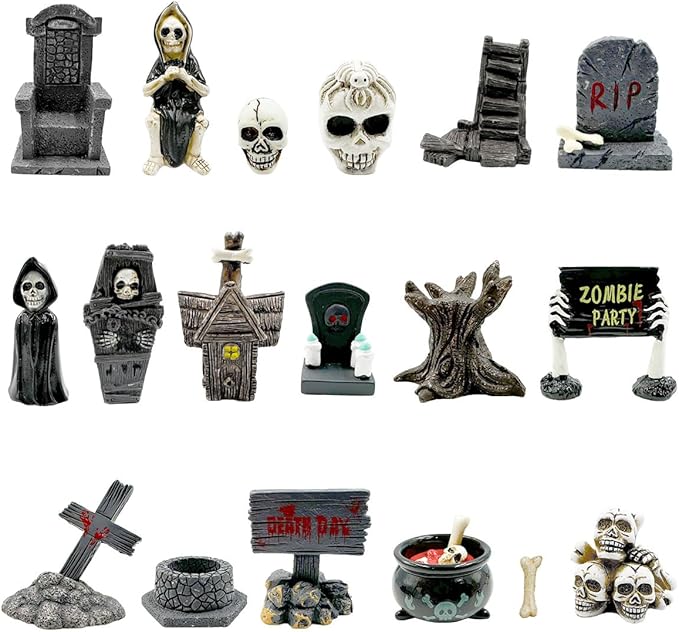 Halloween Miniature Figurines - 18Pcs Resin Ghost Tombstones Skull Heads Scene Ornaments Halloween Garden Accessories Mini Figurine Decorations for Outdoor Statues Home Village Crafts Decor