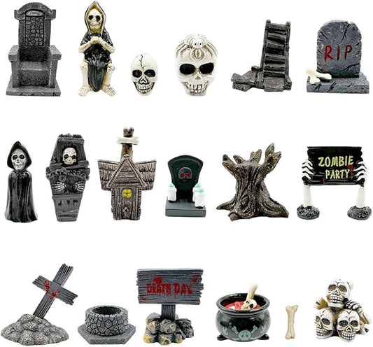 Halloween Miniature Figurines - 18Pcs Resin Ghost Tombstones Skull Heads Scene Ornaments Halloween Garden Accessories Mini Figurine Decorations for Outdoor Statues Home Village Crafts Decor