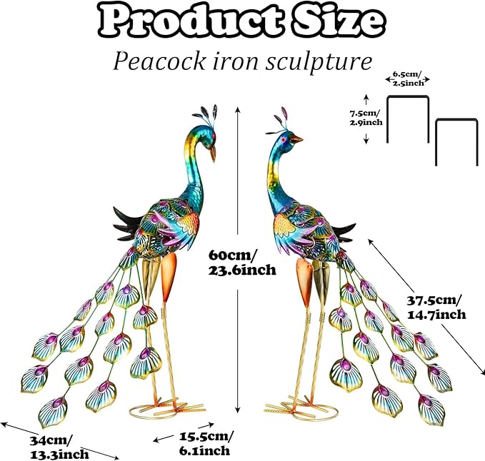 XONOR Metal Peacock Garden Statues Peacock Yard Art Outdoor Sculptures for Home Patio Lawn Backyard Décor, Set of 2 (Peacock)