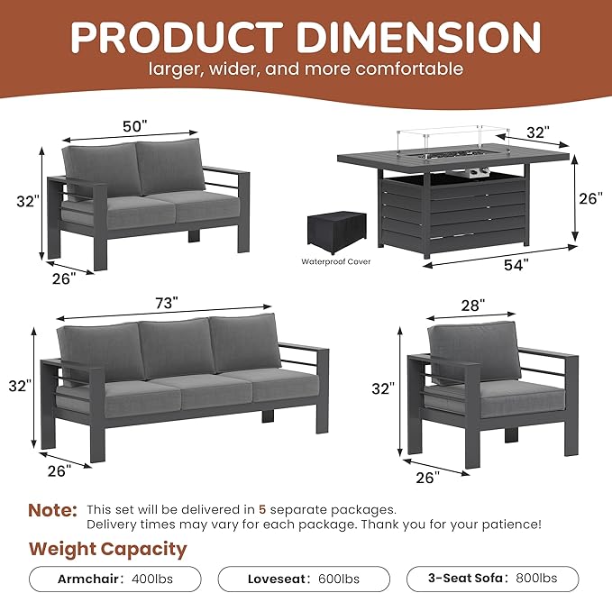 Solaste Aluminum Patio Furniture Set with Fire Pit Table, 7 Seats Metal Outdoor Furniture with Water-Resistant Cushions, Modern Patio Conversation Set for Balcony, Front Porch, and Backyard, Grey