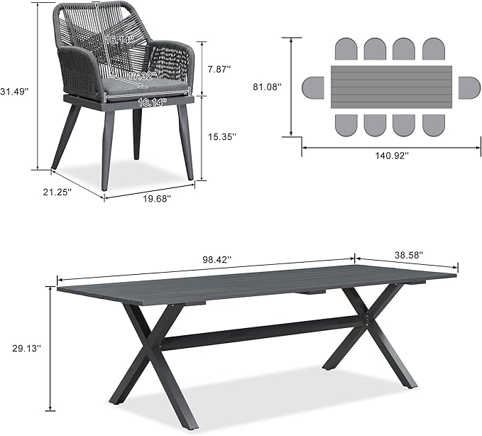 PURPLE LEAF 11 Pieces Outdoor Dining Set All-Weather PE Rattan Outdoor Patio Furniture Set with All Aluminum Frame Rectangular Table and Chairs Set for Lawn Garden Backyard Deck, Grey