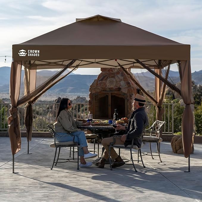 CROWN SHADES Gazebo 10x10, Pop Up Gazebo with Mosquito Netting, Screen Tent with 4 Ropes, 8 Stakes, 4 Sandbags and Wheeled Storage Bag, Canopy for Patio & Backyard, Coffee