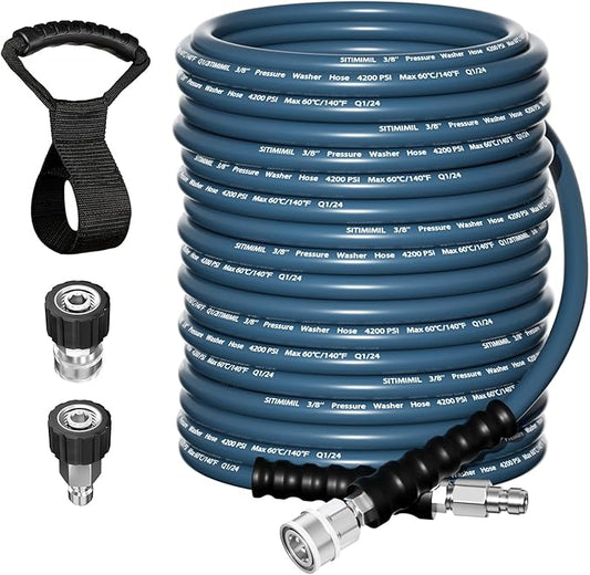 3/8'' Pressure Washer Hose 50FT - Kink Resistant Steel Wire Braided, Wear Resistant, 3/8" Stainless Steel Quick Connect, with M22 14mm Adapter Set, Hot and Cold Water Power Washer Hose, 4200 PSI