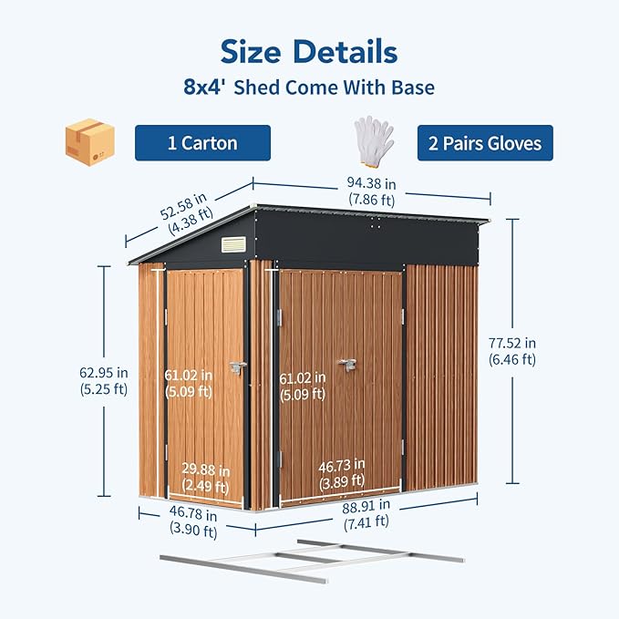 8x4 Ft Outdoor Metal Shed, Storage Shed with Floor, Updated Frame Structure & Triple Lockable Doors, Large Garden Tool Shed for Backyard, Patio, Lawn & Utility Storage