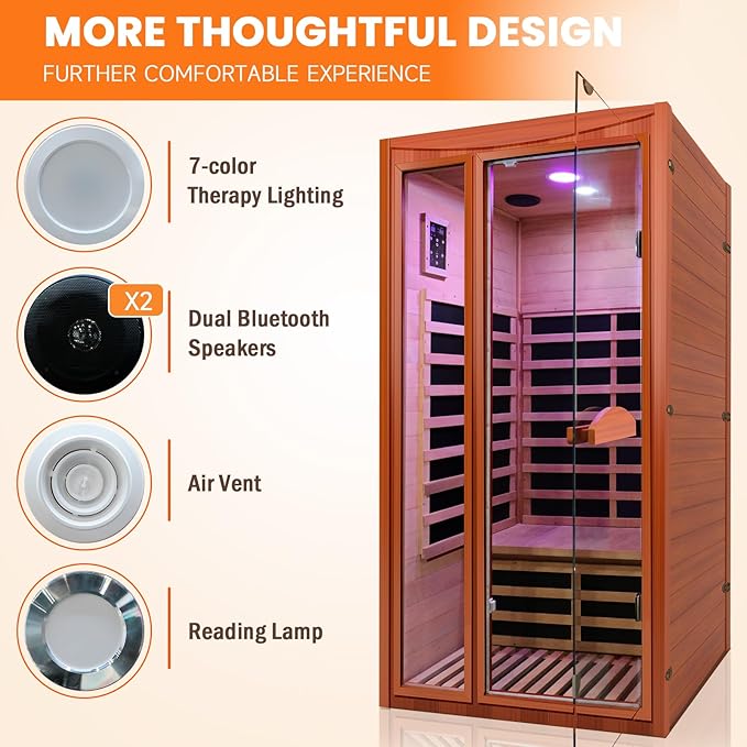 Far Infrared Intdoor Sauna Okoume Wooden Saunas Spa 1550W Dry Sauna Room for 1-2 Person with Bluetooth 7 Color Light 39.37 * 35.43 * 74.8 inch