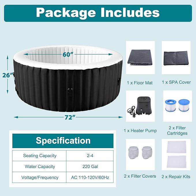 71" X 71" X 25" Hottub, 2-4 Person Inflatable Hot Tub, Portable Blow Up Hot Tub Round Portable Outdoor Spa with 120 Bubble Jets and Heater Pump, Filter