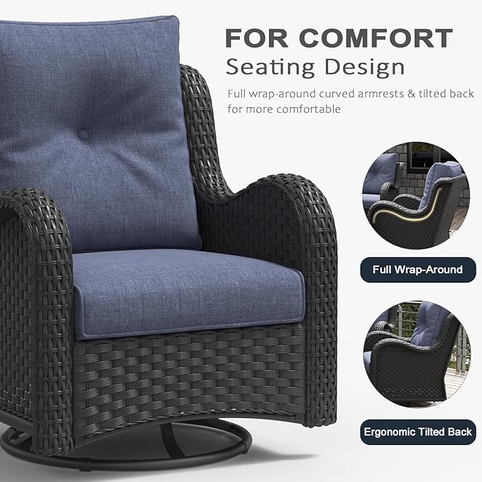 LayinSun 3 Pieces Outdoor Patio Furniture Set, Rattan Wicker Swivel Rocker Chairs Sets with Swivel Glider Chairs and Coffee Table