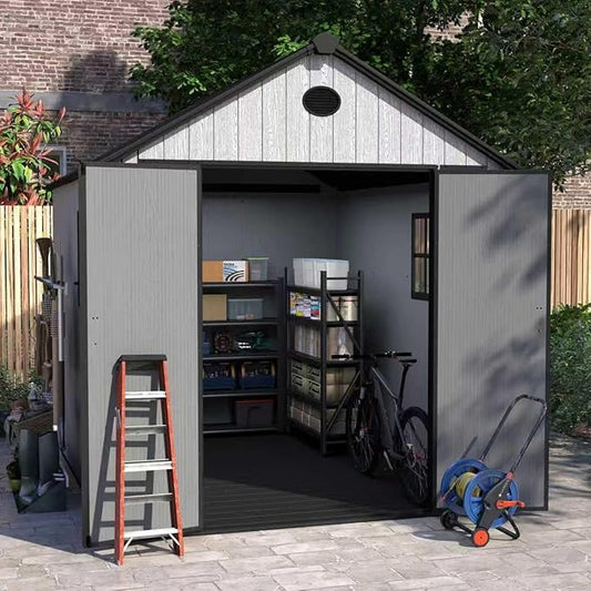 7.4x9.3 FT Resin Outdoor Storage Shed Large, 552 Cuft Garden Tool Sheds & Outdoor Storage Plastic Shed with Floor, 8FT Tall Backyard Lawn Mower Storage Shed with Side Window, Cemented Grey