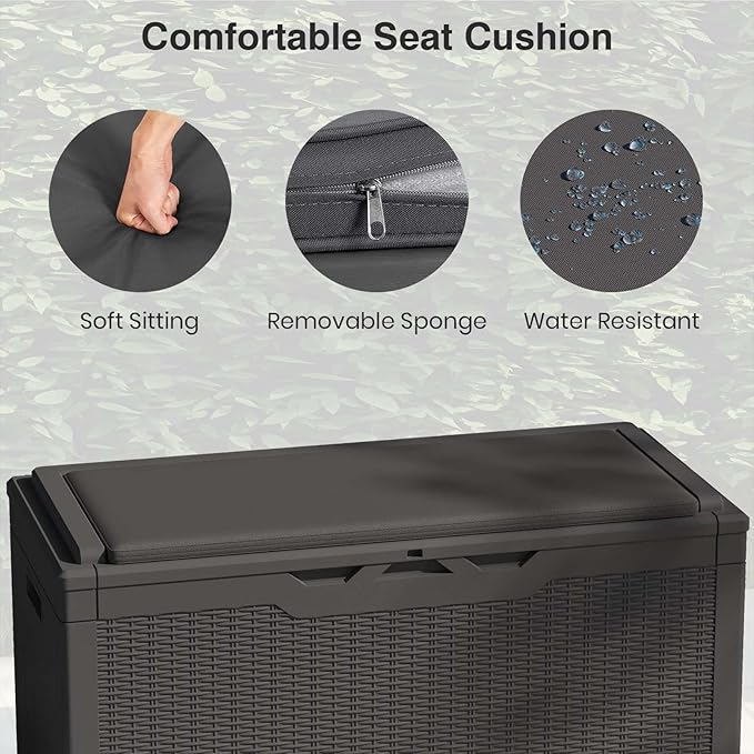 Patiolife 100 Gallon Resin Deck Box with Cushion, Large Outdoor Storage Box for Garden Tools, Pool Supplies, Waterproof and Lockable, Black