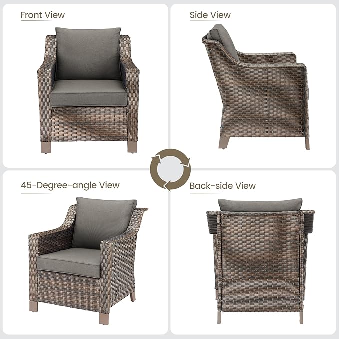 Outdoor Wicker Patio Chairs Set of 2 - Heavy Duty Outside Modern PE Rattan Lawn Chair for Front Porch Balcony Backyard Yard Deck Poolside Apartment – Brown/Grey