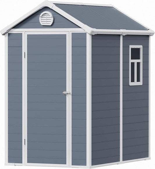 6x4.5 FT Plastic Sheds & Outdoor Storage, UV Resistant Storage Sheds Outdoor with Floor and Window, All-Weather Garden Resin Tool Shed for Lawn Mower, Yard Tools, Bike, Dark Gray