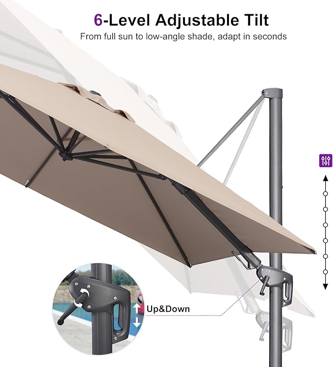 PURPLE LEAF 8' X 10' Left-right Tilting Outdoor Patio Umbrella Swivel Offset Cantilever Heavy Duty Rectangle Aluminu Umbrella with UV Resistant for Deck Pool Patio Backyard, Sand Dune
